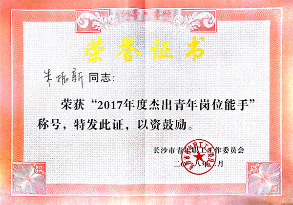 122cc太阳成智能朱振新荣获长沙市2017年度优异青年岗位能手