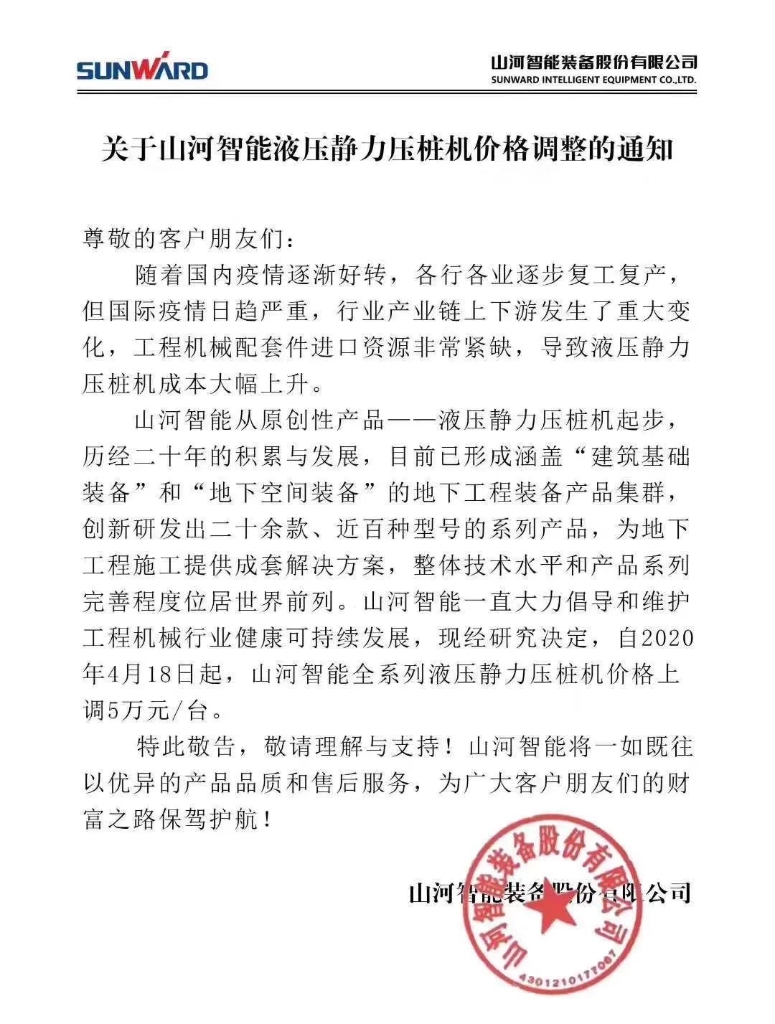 关于122cc太阳成智能液压静力压桩机价钱调解的通知